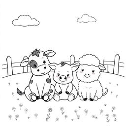 A charming black and white drawing of three cute farm animals sitting together in a field