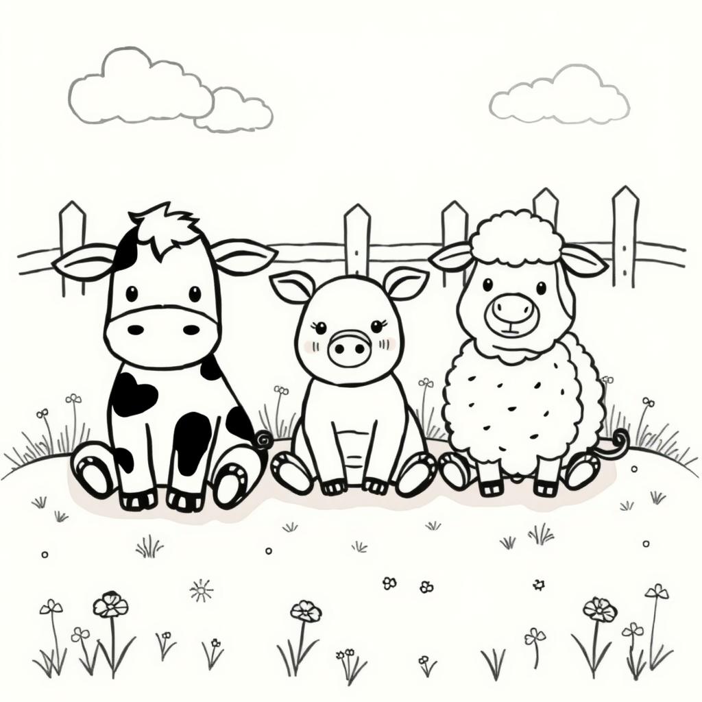 A charming black and white drawing of three cute farm animals sitting together in a field