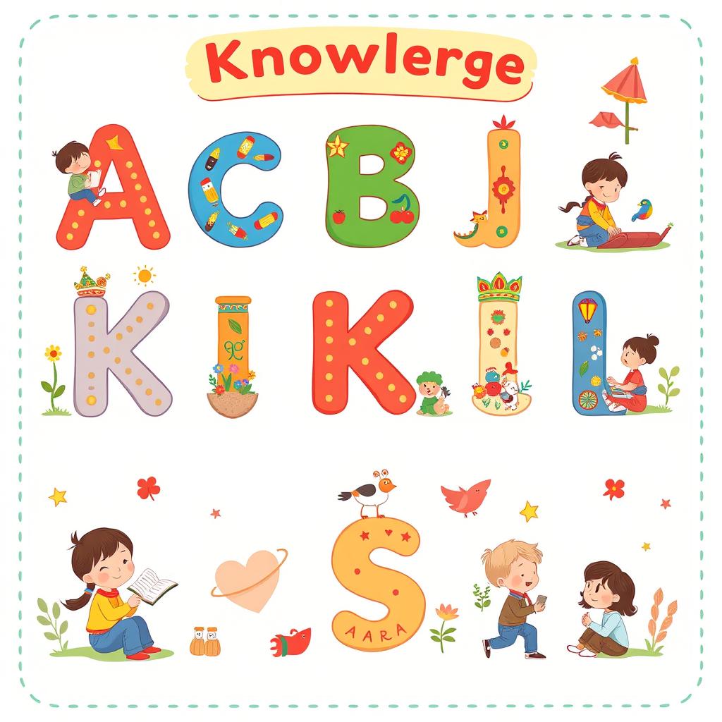 A charming illustration for a children's book showcasing the Kazakh alphabet, particularly highlighting the letters associated with 'knowledge'