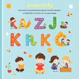 A charming illustration for a children's book showcasing the Kazakh alphabet, particularly highlighting the letters associated with 'knowledge'