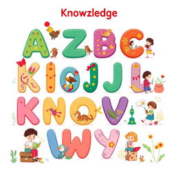 A charming illustration for a children's book showcasing the Kazakh alphabet, particularly highlighting the letters associated with 'knowledge'