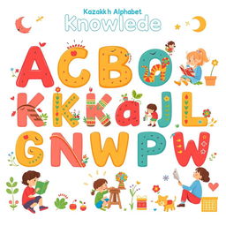 A charming illustration for a children's book showcasing the Kazakh alphabet, particularly highlighting the letters associated with 'knowledge'