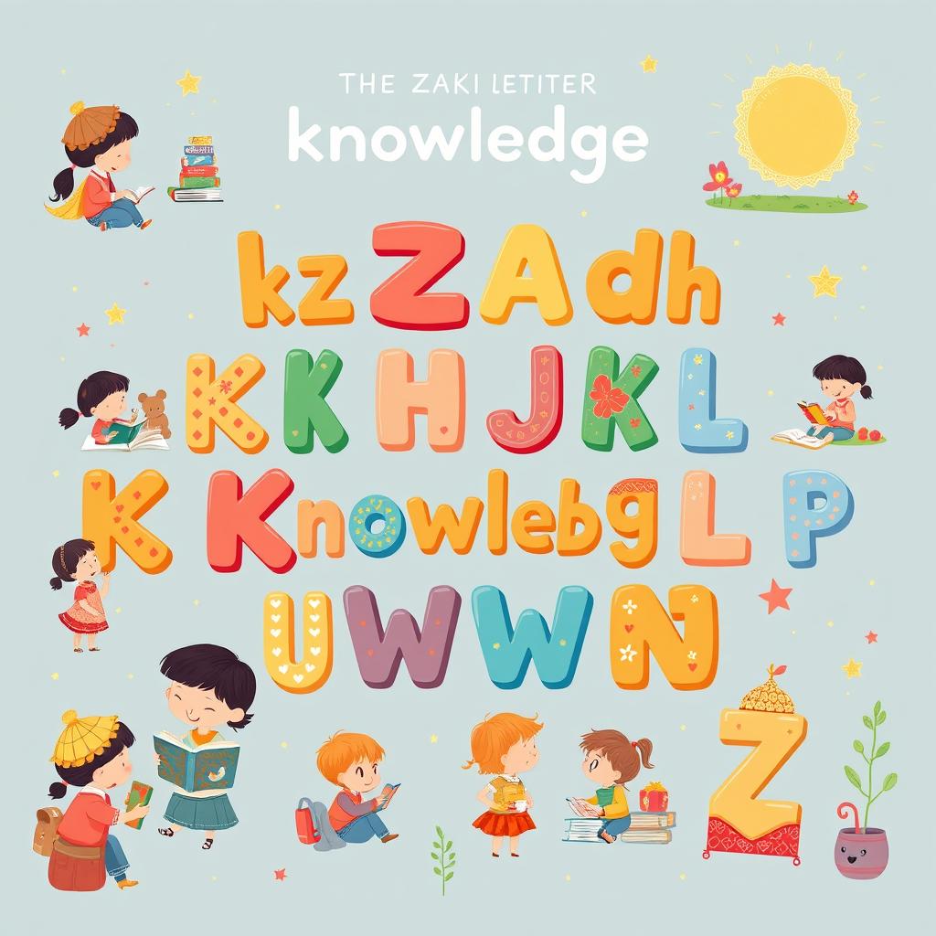 An imaginative and vibrant illustration for a children's book that showcases the Kazakh alphabet, specifically emphasizing the letters associated with 'knowledge'