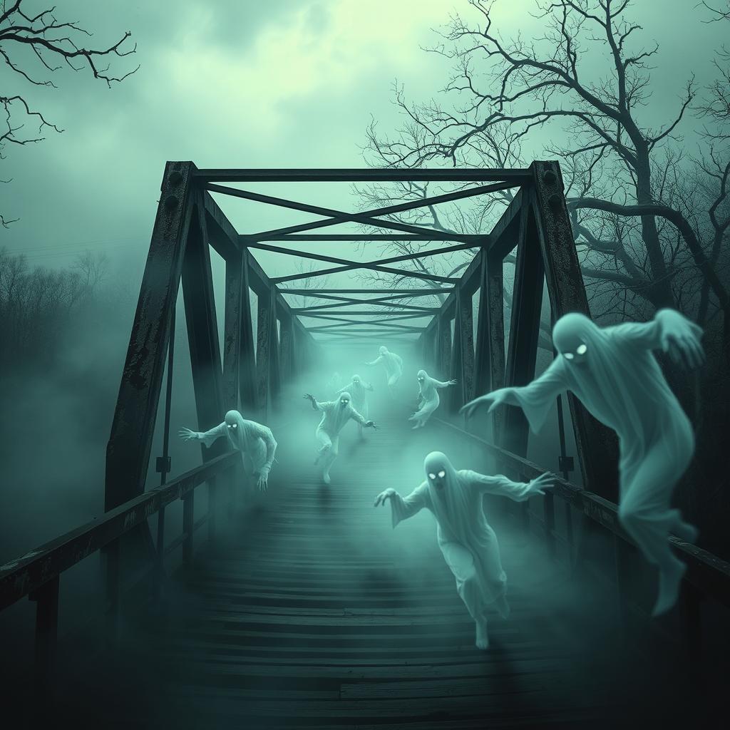 A haunted vehicle bridge surrounded by an eerie mist, with terrifying ghosts swirling around