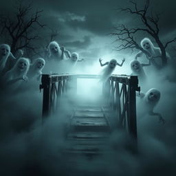 A haunted vehicle bridge surrounded by an eerie mist, with terrifying ghosts swirling around