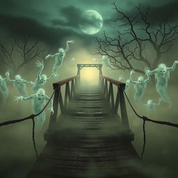 A haunted vehicle bridge surrounded by an eerie mist, with terrifying ghosts swirling around