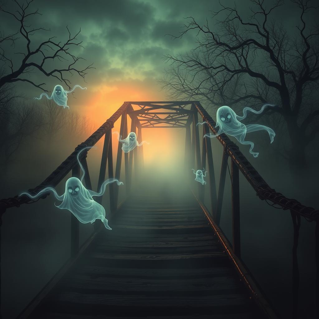 A haunted vehicle bridge surrounded by an eerie mist, with terrifying ghosts swirling around