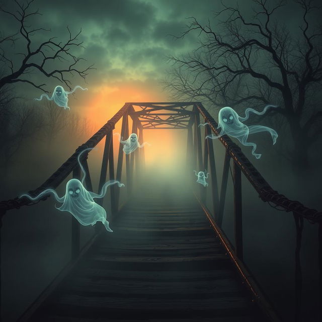 A haunted vehicle bridge surrounded by an eerie mist, with terrifying ghosts swirling around