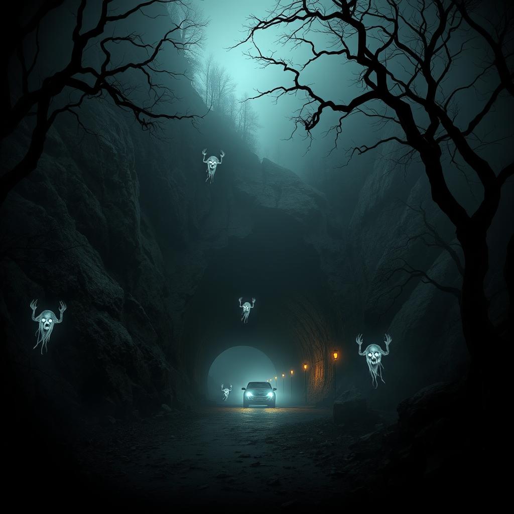 A haunted vehicle tunnel carved into a mountain, shrouded in fog and darkness