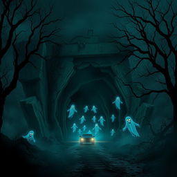 A haunted vehicle tunnel carved into a mountain, shrouded in fog and darkness