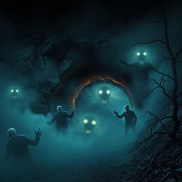 A haunted vehicle tunnel located within a rugged mountain, enveloped in an eerie, swirling mist