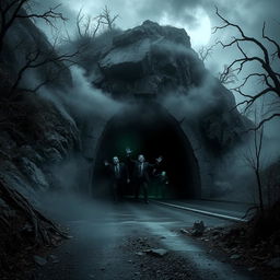 A haunted vehicle tunnel located within a rugged mountain, enveloped in an eerie, swirling mist