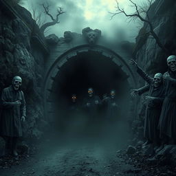 A haunted vehicle tunnel located within a rugged mountain, enveloped in an eerie, swirling mist