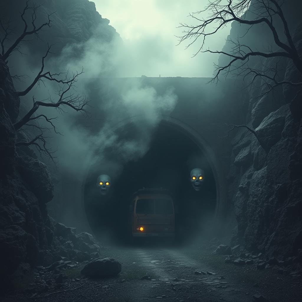 A haunted vehicle tunnel located within a rugged mountain, enveloped in an eerie, swirling mist