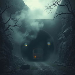 A haunted vehicle tunnel located within a rugged mountain, enveloped in an eerie, swirling mist