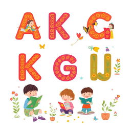 A delightful illustration for a children's book centered around the Kazakh alphabet, particularly the letters that represent 'knowledge'