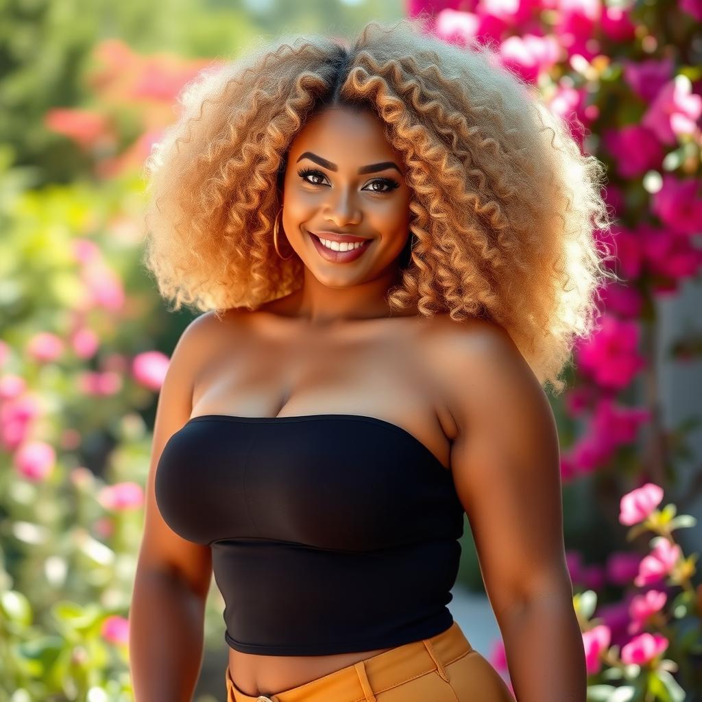 A stunning curvy woman with voluminous curly blonde hair, exuding confidence and beauty