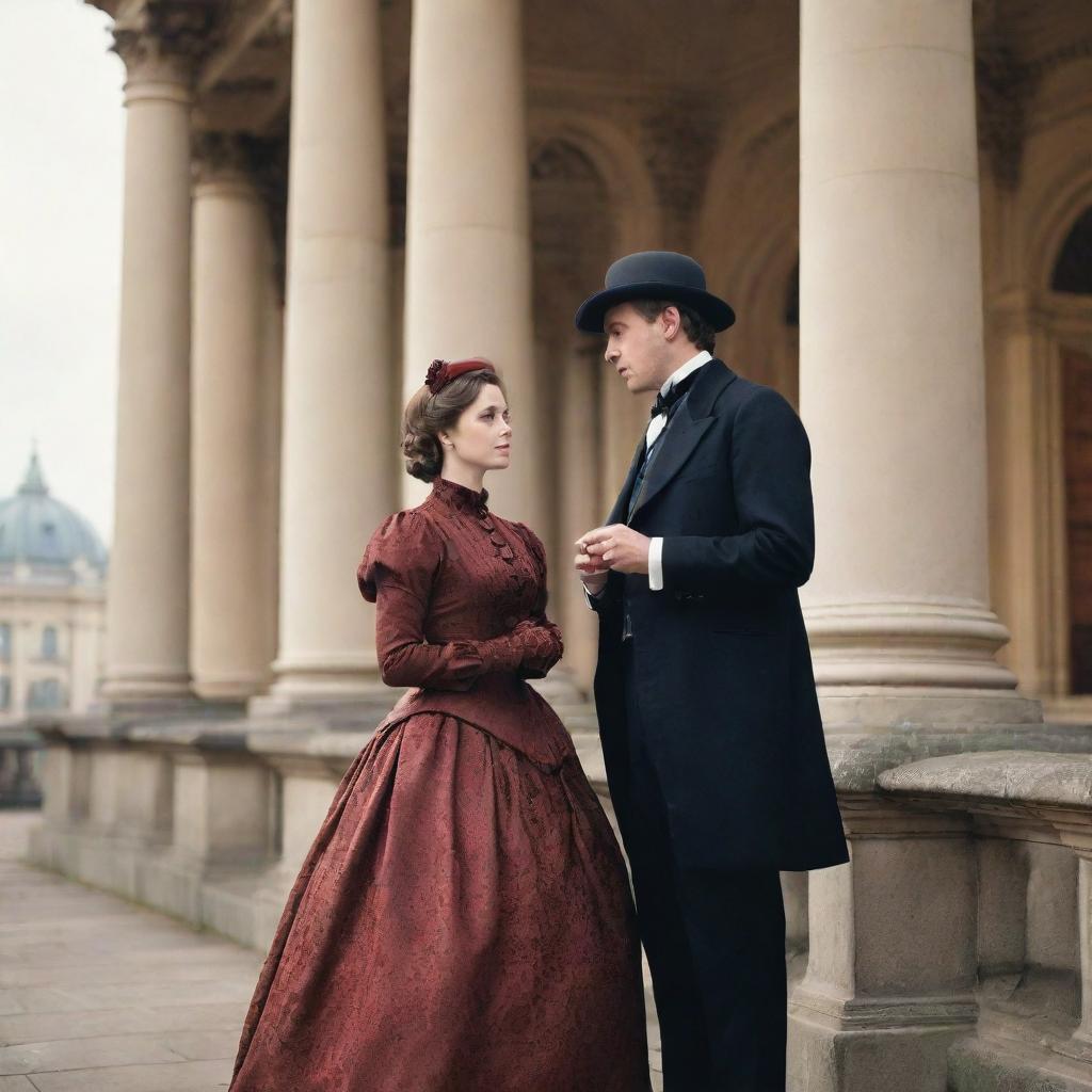 A Victorian era man and woman engaged in deep conversation against a backdrop of classic architecture, both wearing traditional clothing of the period.