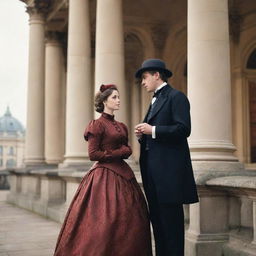 A Victorian era man and woman engaged in deep conversation against a backdrop of classic architecture, both wearing traditional clothing of the period.