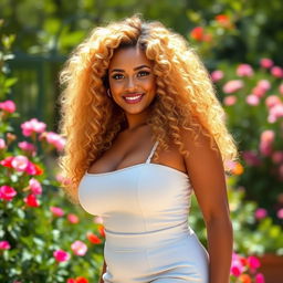 A stunning curvy woman with voluminous curly blonde hair, exuding confidence and beauty