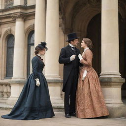 A Victorian era man and woman engaged in deep conversation against a backdrop of classic architecture, both wearing traditional clothing of the period.