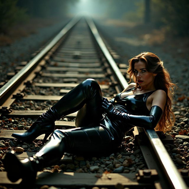 A dramatic and intense scene featuring a lady in distress, dressed in a shiny black leather dress that glimmers under dramatic lighting, accompanied by shoulder-length opera gloves and striking thigh-high boots