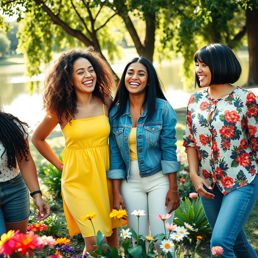A vibrant and lively scene featuring a group of diverse young women engaging in joyful activities at a sunny park