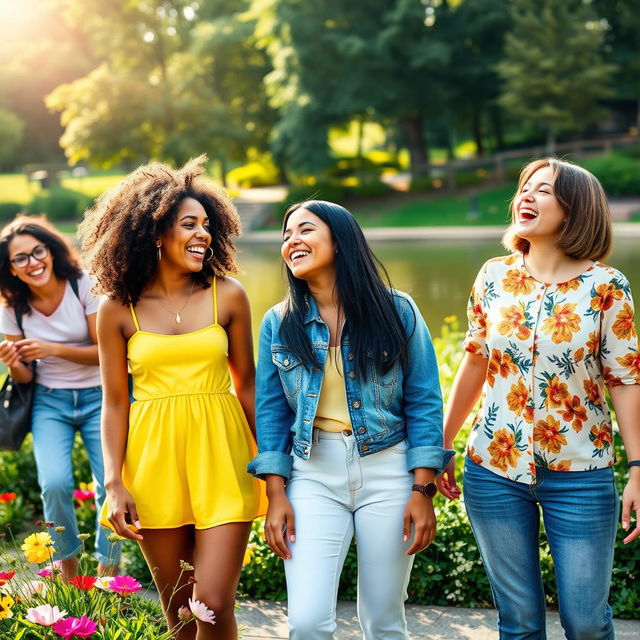 A vibrant and lively scene featuring a group of diverse young women engaging in joyful activities at a sunny park