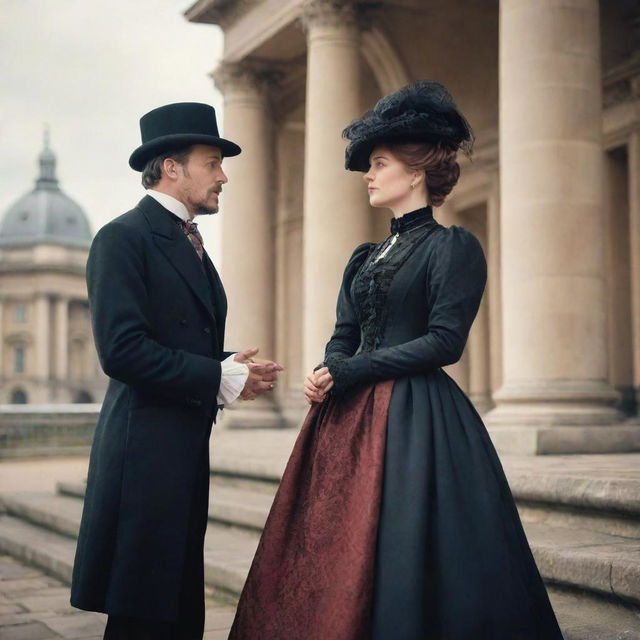 A Victorian era man and woman engaged in deep conversation against a backdrop of classic architecture, both wearing traditional clothing of the period.