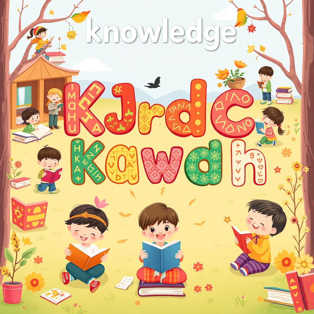 A delightful illustration for a children's book centered around the Kazakh alphabet, specifically featuring the letters that symbolize 'knowledge'