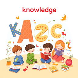 A delightful illustration for a children's book centered around the Kazakh alphabet, specifically featuring the letters that symbolize 'knowledge'