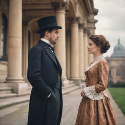 A Victorian era man and woman engaged in deep conversation against a backdrop of classic architecture, both wearing traditional clothing of the period.