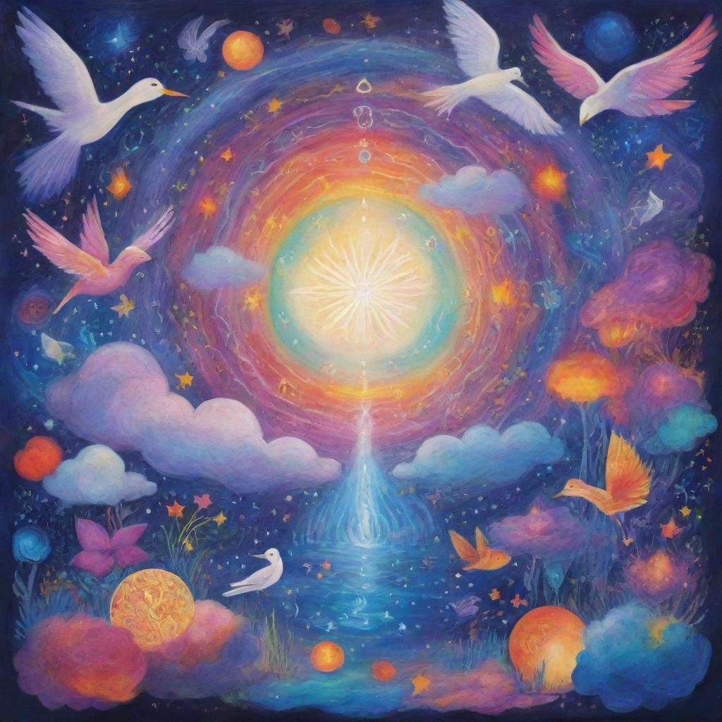 A 2D artwork portraying the theme of dreams, featuring dream-related symbols in a vibrant array of colors, creating an ethereal and mystical atmosphere.