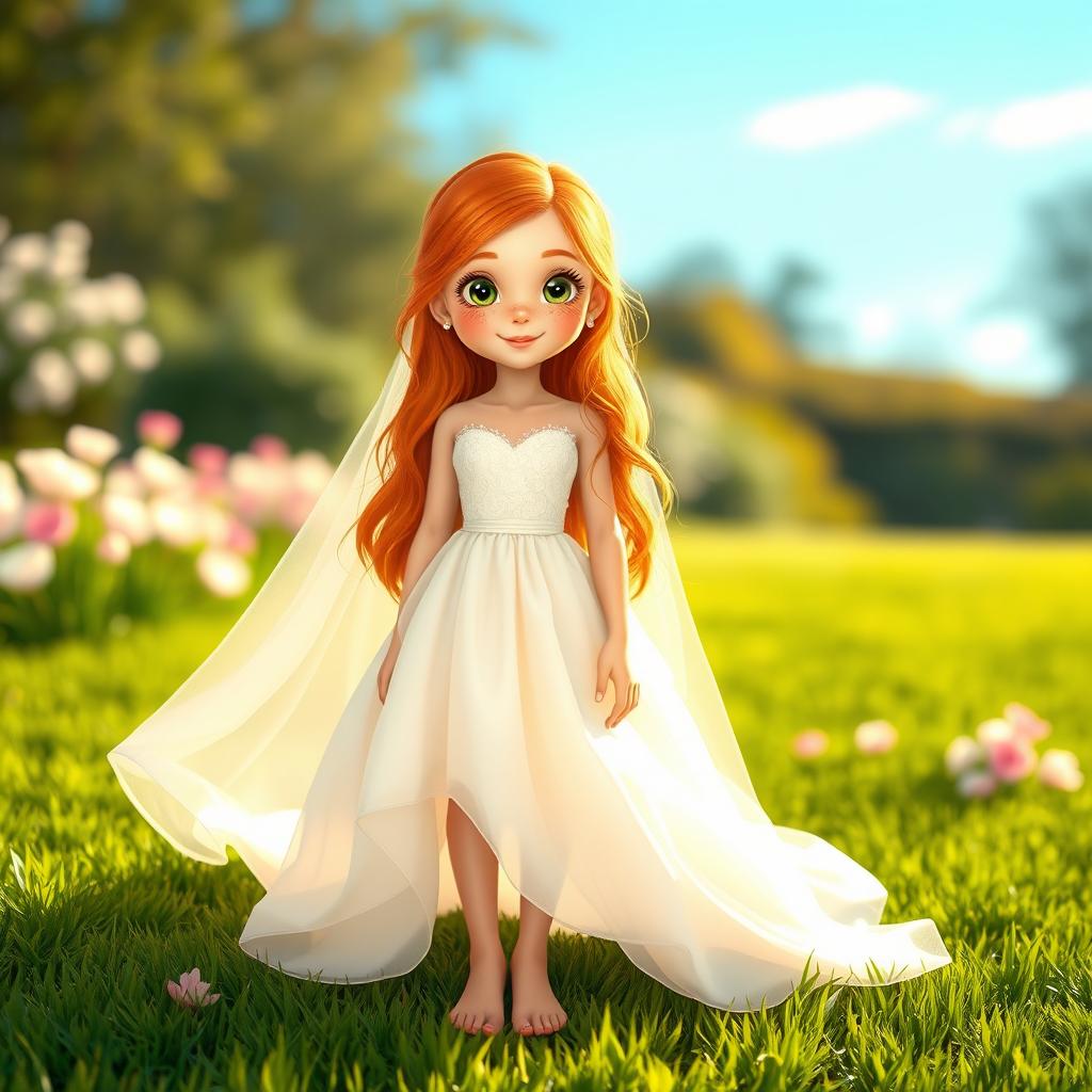 A beautiful girl with long ginger hair, adorned with freckles across her cheeks, wearing an elegant wedding dress that flows gracefully to the ground