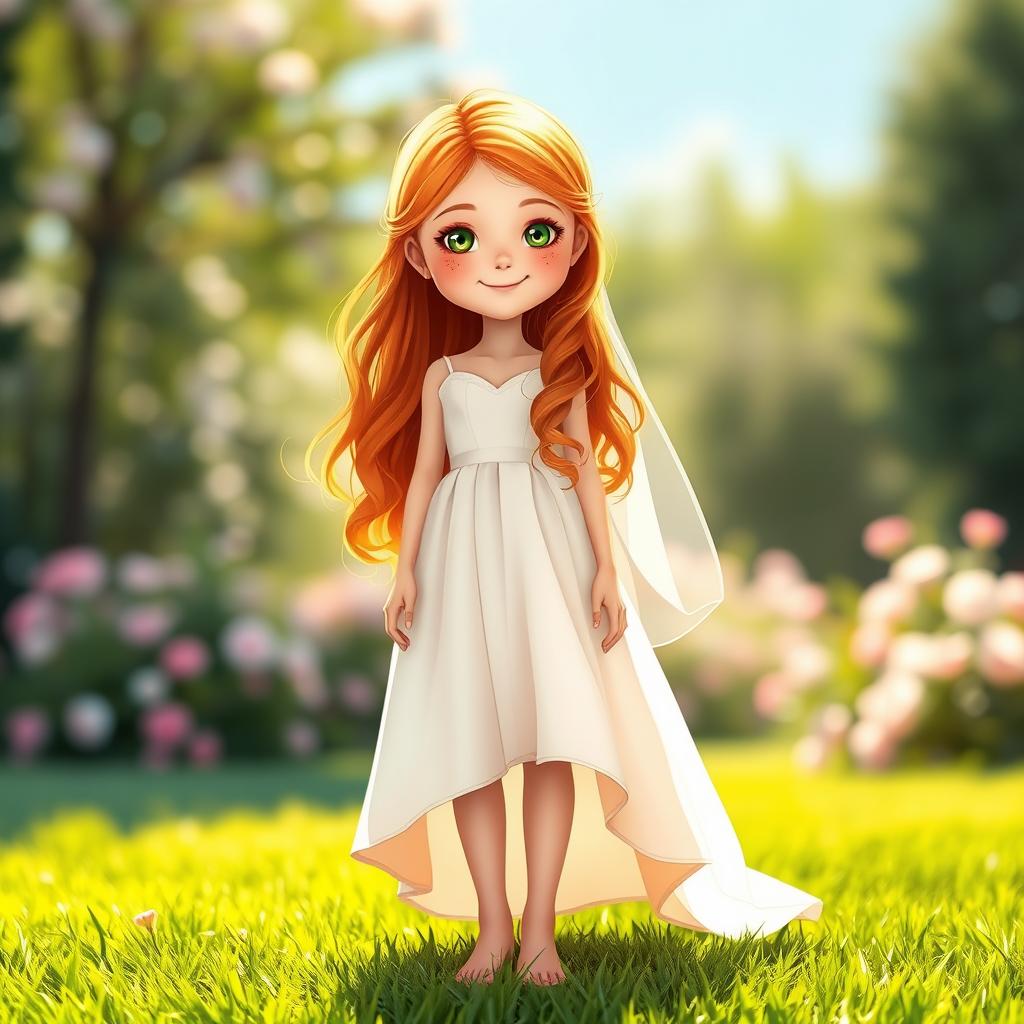 A beautiful girl with long ginger hair, adorned with freckles across her cheeks, wearing an elegant wedding dress that flows gracefully to the ground