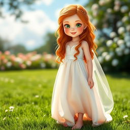 A beautiful girl with long ginger hair, adorned with freckles across her cheeks, wearing an elegant wedding dress that flows gracefully to the ground