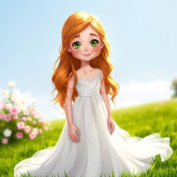 A beautiful girl with long ginger hair, adorned with freckles across her cheeks, wearing an elegant wedding dress that flows gracefully to the ground