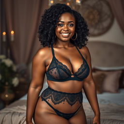 A beautiful 18-year-old African woman with a thick and curvy body, confidently posed in stunning black lingerie that enhances her figure