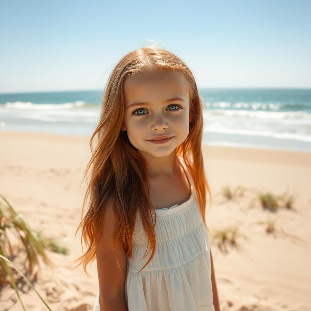 A beautiful girl with long ginger hair cascading down her shoulders, sprinkled with charming freckles across her sun-kissed cheeks