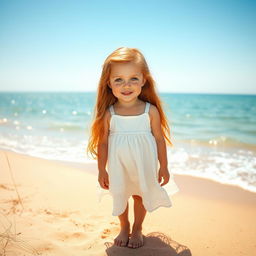 A beautiful girl with long ginger hair cascading down her shoulders, sprinkled with charming freckles across her sun-kissed cheeks