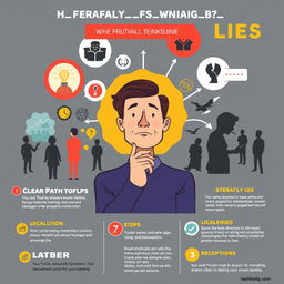 A well-designed self-help guide on problem-solving and recognizing lies, featuring an insightful illustration of a thoughtful person surrounded by various symbols representing honesty and deception