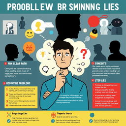 A well-designed self-help guide on problem-solving and recognizing lies, featuring an insightful illustration of a thoughtful person surrounded by various symbols representing honesty and deception