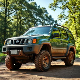 A vintage SUV parked in a scenic outdoor setting, featuring the body of a 1999 Nissan Xterra merged seamlessly with the front end of a 1999 Nissan Terrano R20