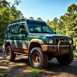 A vintage SUV parked in a scenic outdoor setting, featuring the body of a 1999 Nissan Xterra merged seamlessly with the front end of a 1999 Nissan Terrano R20