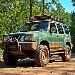 A vintage SUV parked in a scenic outdoor setting, featuring the body of a 1999 Nissan Xterra merged seamlessly with the front end of a 1999 Nissan Terrano R20