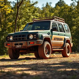 A vintage SUV parked in a scenic outdoor setting, featuring the body of a 1999 Nissan Xterra merged seamlessly with the front end of a 1999 Nissan Terrano R20