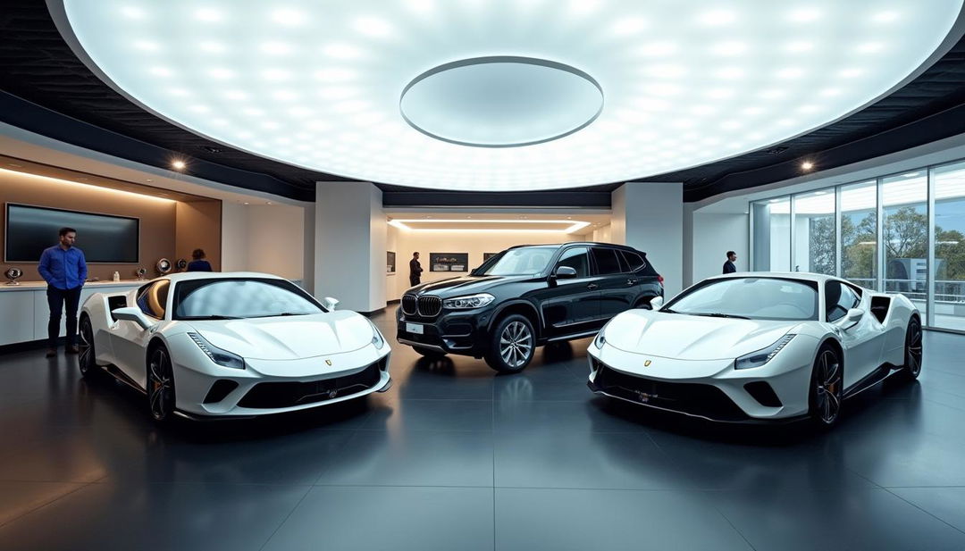 An indoor car dealership showcasing a sleek and modern design, featuring a bright white ceiling adorned with ambient ring-shaped lights that create a unique and stylish glow