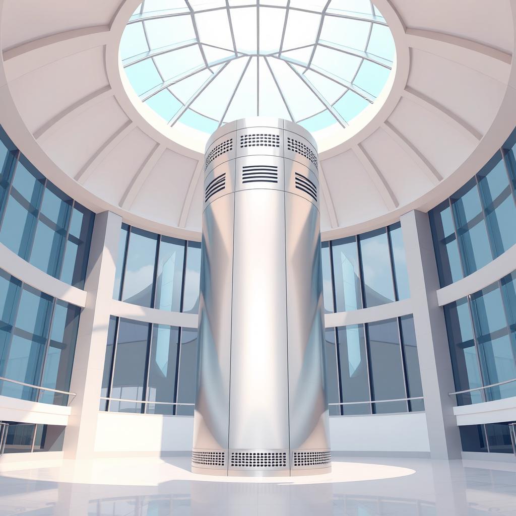 A 2D illustration of a sleek, cylindrical metallic column situated in a modern, open space