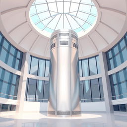 A 2D illustration of a sleek, cylindrical metallic column situated in a modern, open space