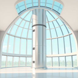 A 2D illustration of a sleek, cylindrical metallic column situated in a modern, open space